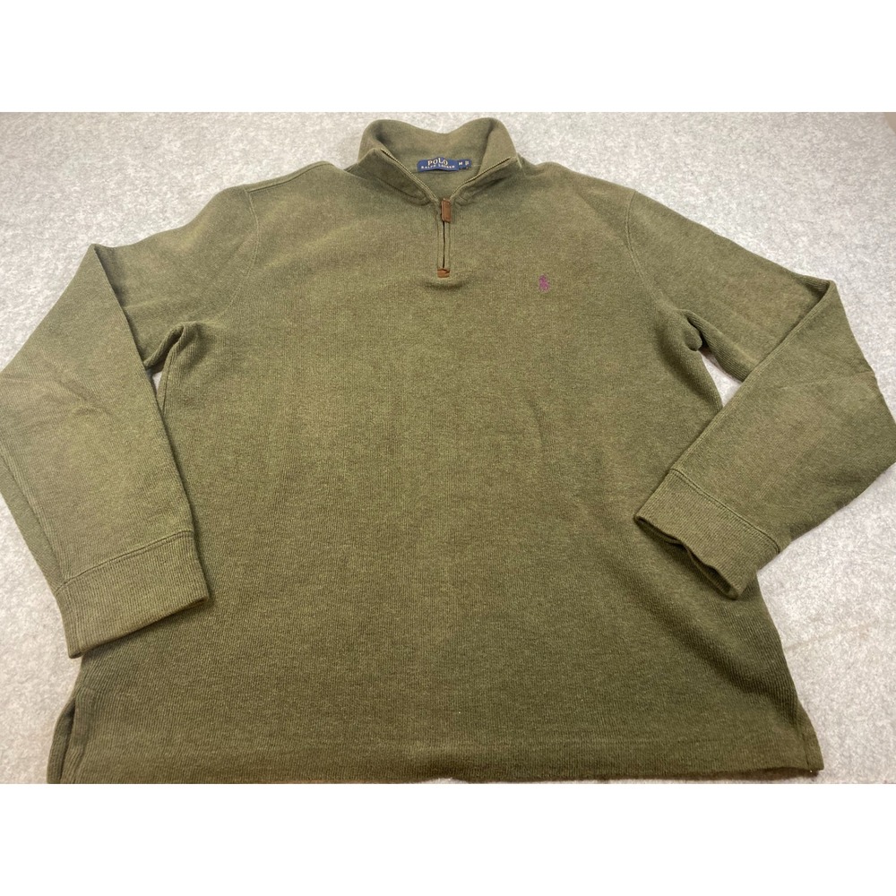 Polo Ralph Lauren Mens Olive Green Quarter Zip Cotton Pullover Sweater Medium
